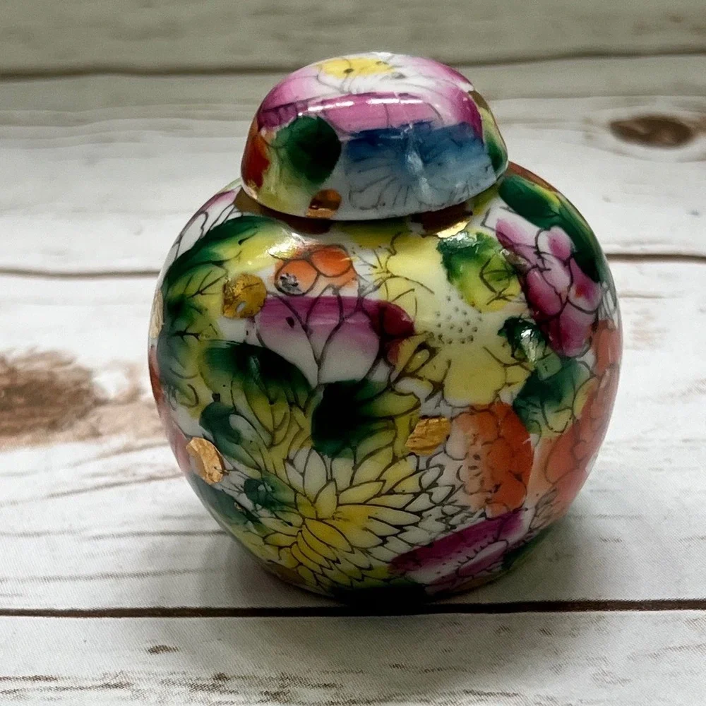 Vintage Ginger Jar Multicolor Millefleur Floral Gold Gilt Porcelain Small 3in